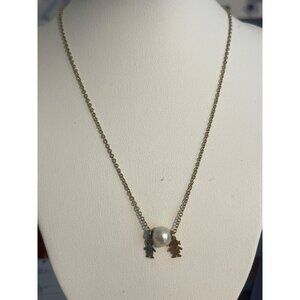 Vintage Gold Tone Chain Necklace Pearl Bead Boy Girl Etched Charms Choker Collar